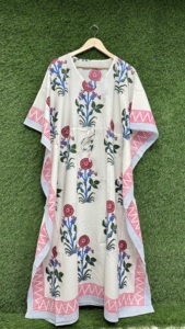 Robe Kaftan en Coton Fleuri pour Femmes, Kaftan Imprimé, Col en V, Taille Ajustable par Cordon, Manches Courtes, Style Bohème, Vêtement de Plage et de Vacances - Product Image 3