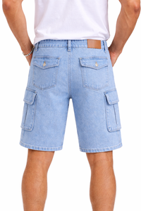 Shorts cargo en jean pour hommes, délavé clair, style streetwear décontracté, multi-poches, coupe ample, en coton, pour l'été, vente en gros - Product Image 3