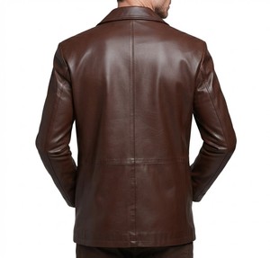 Men's Brown Genuine Leather Jacket Turn-down Collar Zipper Pockets Casual Winter Wear <b>Waterproof</b> Breathable Quick Dry - Product Image 2