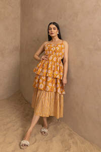 Mustard Floral Print <b>Spaghetti</b> <b>Strap</b> Cotton <b>Midi</b> <b>Dress</b> For Women Featuring Lightweight Fabric Modern Style Comfortable Fit - Product Image 6