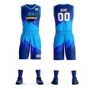 Ensemble d'uniformes de basketball personnalisés imprimés par transfert thermique, respirant, bleu, col en V, sans manches, maillot et short, nom et numéro de l'équipe sur le devant, séchage rapide - Product Image 1