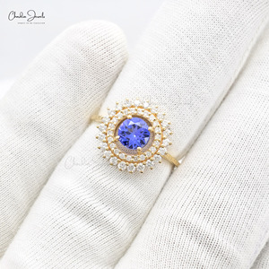 Anillo Halo con Tanzanita de Corte Redondo de 6mm y Diamantes Blancos, en Oro Amarillo Fino de 14k, Estilo Art Deco, Proveedores Verificados, Venta al Por Mayor en India - Product Image 6