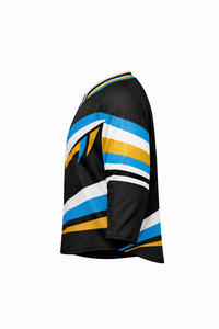Camiseta de Fútbol Sublimada de Manga 3/4 para Hombre, Negra, Azul, Blanca y Amarilla con Estampado Geométrico, Absorbe la Humedad, Corte Atlético - Product Image 2