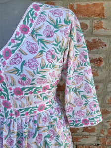 Robe imprimée à la main, tuniques indiennes, longue robe en coton indien, col en V, manches longues, robe imprimée pour femmes - Product Image 3