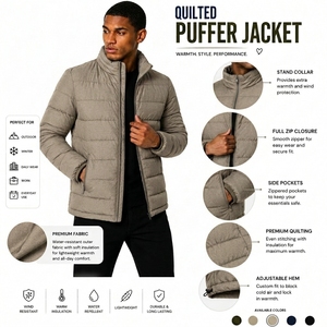 Men'<b>s</b> Olive Green Puffer <b>Jacket</b> Stand Collar Zipper Closure Windproof Casual Winter Wear Regular Fit Polyester Wadding - Product Image 6