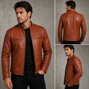 Men <b>Leather</b> Biker <b>Jacket</b> Stylish Motorcycle Inspired Zip Up Front Stand Collar <b>Long</b> Sleeve Casual Outerwear with Modern Design - Product Image 5
