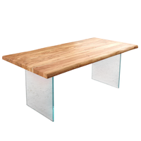 Table de salle à manger contemporaine avec pieds en verre et plateau en bois d'acacia massif à bord naturel, qualité export, pour la maison et la cuisine