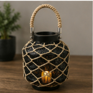 Round <b>Black</b> <b>Lantern</b> Candle Holder with Rope Net Design and Handle for Home Decoration - Product Image 2