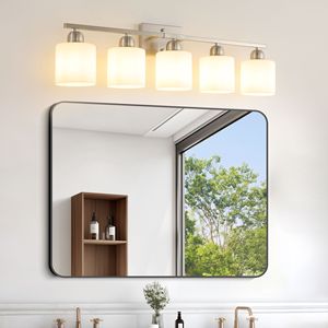 Modern 5-<b>Light</b> Bathroom Vanity <b>Light</b> Fixture Brushed Nickel with Milky White Frosted Glass Shade Wall <b>Sconces</b> - Product Image 1