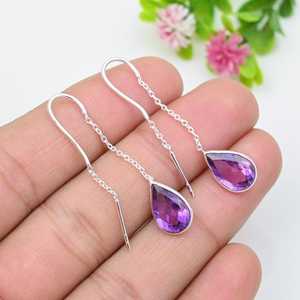 Nikhil Gems Natural Amethyst Pear Drop Threader <b>Earrings</b> Sterling Silver 925 Third Party Certified Trendy Women's/Unisex Jewelry - Product Image 3
