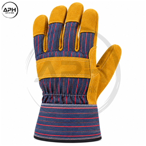 Heavy Duty Yellow Split Cowhide Leather Rigger Gloves Striped Canvas Back Rubberized Cuff Industrial <b>Builder</b> Mechanic Work Glove - Product Image 3