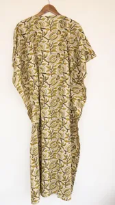 Vintage <b>Boho</b> Floral Block Print White Kaftan <b>Dress</b> With Tie Back Loose Fit Short Sleeve Cotton <b>Summer</b> Long <b>Dress</b> - Product Image 5