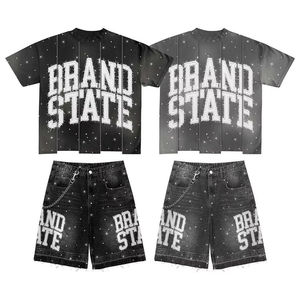 Men's Custom Rhinestone Screen Print Two Piece Cotton Acid Wash Sun Faded T Shirt and Distressed Side Stripe Sweat Shorts Sets - Product Image 4