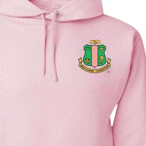 Sweat à capuche rose clair AKA avec broderie du blason vert, pull en polaire unisexe, vêtements de sororité grecque, OEM ODM - Product Image 4