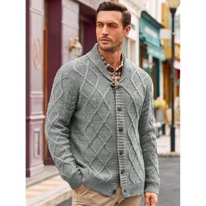 2025 ODM Supply Pull cardigan en tricot torsadé à carreaux pour hommes avec col châle et bouton torsadé pour l'automne et l'hiver - Product Image 2