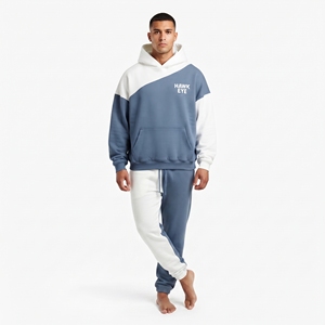 Ensemble de jogging homme personnalisé épais bicolore, comprenant un sweat à capuche oversize à épaules tombantes et un bas de survêtement coupe décontractée à blocs de couleur contrastants - Product Image 4