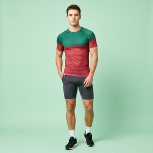 Men's Green Red Color Blocked Short Sleeve O-Neck Slim Fit Sporty Quick Dry Knitted Polyester T-Shirt - Product Image 1