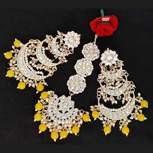 Gold Plated Kundan Stone Dsngler Earrings With Maangtikka Set Traditional <b>Indian</b> Ethnic <b>Jewelery</b> For Women - Product Image 1