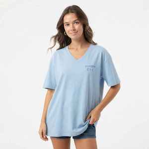 <b>Women's</b> Light Blue <b>V</b>-<b>Neck</b> Short Sleeve <b>T</b>-<b>Shirt</b> Loose Fit 100% Cotton Casual Jersey Print Logo Top Spring Summer - Product Image 1
