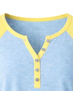 T-shirt pour femme bleu ciel et jaune, manches courtes, col Henley, tee-shirt raglan en coton doux, décontracté, respirant, confortable, pour l'été et le quotidien - Product Image 5