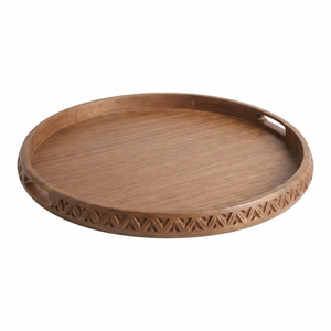 Handcrafted <b>Large</b> Round Solid Wood <b>Tray</b> With Carved Geometric Rim Acacia Decorative <b>Serving</b> Platter For Coffee Table Decor - Product Image 1