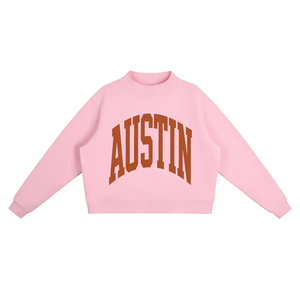 เสื้อสเวตเชิ้ตครอปสีครีมสำหรับผู้หญิง คอกลม แขนยาว พิมพ์ลายตัวอักษร Arch Austin เสื้อพูลโอเวอร์คอเต่า - Product Image 2