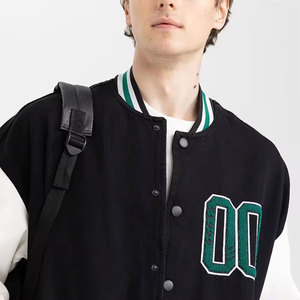 Blouson universitaire noir et blanc pour homme, broderie lettre 00 sur le devant, col rabattu, simple boutonnage, style décontracté - Product Image 4