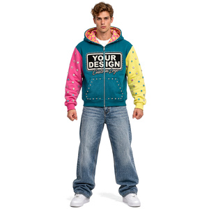 Sudadera con capucha para hombre, estilo urbano, con bloques de color personalizados, efecto desgastado, de algodón pesado, con cremallera, bordada, informal y a la moda. - Product Image 3