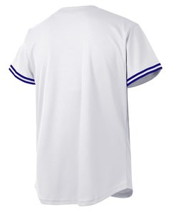 Maillot de baseball unisexe gris avec bordure marine, manches courtes, boutons sur le devant, tissu en maille respirant, coupe régulière pour adulte - Product Image 4