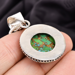 Pendentif en turquoise cuivrée verte en gros, en argent sterling 925, fait main, pierre précieuse, style bohème vintage, de luxe, unisexe, avec chaînes - Product Image 2