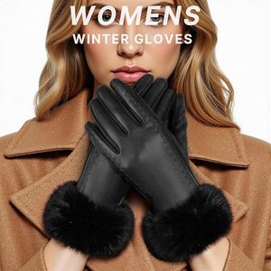 Leather <b>Gloves</b> for Women, Warm Winter <b>Gloves</b> Women with Plush Cuff, Touchscreen Womens <b>Gloves</b> for Cold Weather - Product Image 2