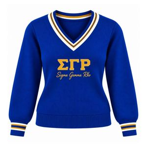 เสื้อสเวตเตอร์คอวีสไตล์นักศึกษา แขนยาว ถักนิตติ้ง ดีไซน์ตัวอักษรแบบกำหนดเอง คอและปลายแขนเสื้อแบบริบตัดกัน เสื้อผ้าลำลองสำหรับผู้หญิง - Product Image 1