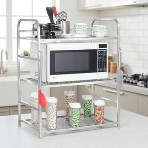Étagère de rangement en métal à 3 niveaux avec crochets, organisateur de cuisine sur pied en fil métallique, 60x37x74cm, argent - Product Image 1