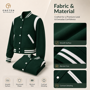 Women's Cropped Varsity Jacket Green <b>White</b> Contrast Panel Snap Closure OEM Supplier Custom Logo - Product Image 6