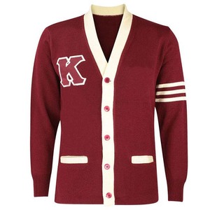 Cardigan en tricot pour femme, col en V, manches longues, bordeaux avec lettre K blanche et rayures, style preppy, fermeture boutonnée à manches longues - Product Image 1