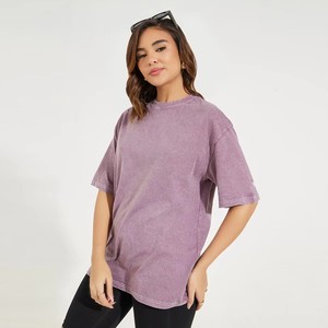 Camiseta de Algodón para Mujer, Cuello Redondo, Manga Corta, Corte Holgado, Color Morado, Informal, Transpirable, Tejido de Punto, Primavera Verano - Product Image 2