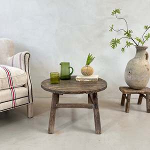 Table d'appoint ronde antique en olivier Morgana, rustique, en bois massif récupéré, basse table basse, style Wabi Sabi, meuble décoratif pour salon - Product Image 2