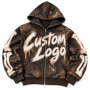 Sudadera con capucha vintage de corte oversize, con patchwork de huesos de esqueleto, desgastada, marrón con lavado ácido, con cremallera completa, estilo streetwear unisex, con logotipo personalizado - Product Image 2