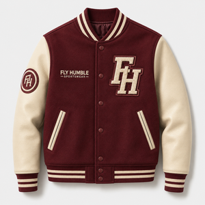 <b>Fly</b> Humble <b>Men's</b> Varsity <b>Jacket</b> Maroon for PU <b>Leather</b> Sleeve Embroidered Logo Patch STREETWEAR Winter Waterproof Breathable - Product Image 1