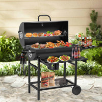 Barbecue à charbon de bois sur chariot, en acier thermolaqué, avec deux tables latérales métalliques et télécommande, pour 5 personnes et plus