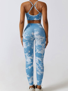 Women's Active Wear <b>Blue</b> Cloud Print Yoga Set High Waist Leggings <b>Crop</b> <b>Top</b> 2 Piece Workout Outfit Sweat Wicking Full Length - Product Image 2