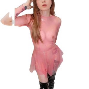 <b>Pink</b> <b>Latex</b> Sheer Bodycon Mini <b>Dress</b> With Ruffle Hem Short Sleeve O-Neck Fitted Party Wear - Product Image 1