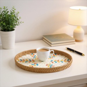 Plateau de service moderne en rotin naturel laqué, décoratif, écologique, artisanat de haute qualité, incrustation de nacre. - Product Image 3