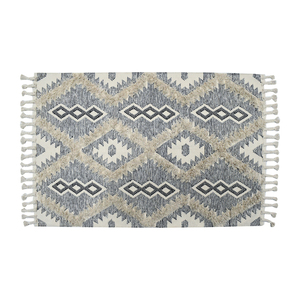 Tapis en laine tissé à la main beige crème à tissage plat avec motif losanges en relief, géométrique noir, style bohème, à franges, écologique et sans produits chimiques - Product Image 1