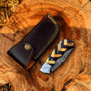 Premium Damascus Folding Knife Wood Handle <b>Drop</b> Point Blade EDC Pocket Hunting Leather Case Gift 3-Year Warranty TARJ ENTERPRISE - Product Image 3