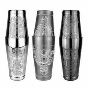 Coctelera Boston de Acero Inoxidable 304 de 850/550 ml con Grabado de Búho Vintage, Superficie Vibratoria para Mezclar Cócteles y Vino - Product Image 1