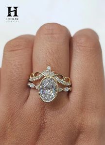 Ensemble de bagues de mariage de luxe à taille ovale, 2 pièces, avec bande de protection en forme de couronne entrelacée, en or jaune 10K 14K, bijoux personnalisés - Product Image 1