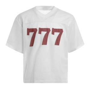 เสื้อยืดคอกลมผู้ชายสีขาว ผ้าฝ้าย 100% ตาข่าย พิมพ์ลาย 777 สีแดง แขนสั้น ทรงโอเวอร์ไซส์ ครอป สไตล์ลำลอง ระบายอากาศได้ดี น้ำหนัก 220 กรัม - Product Image 1