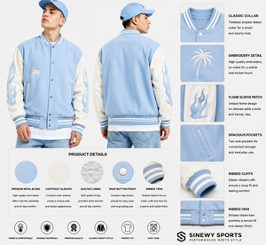เสื้อแจ็คเก็ตวาร์ซิตี้สีฟ้าอ่อนสำหรับผู้ชาย ยี่ห้อ SINEWY SPORTS ผ้าวูลผสม ปักลายปาล์ม คอตั้ง ซิปหน้า สไตล์สปอร์ต สำหรับฤดูหนาว - Product Image 1
