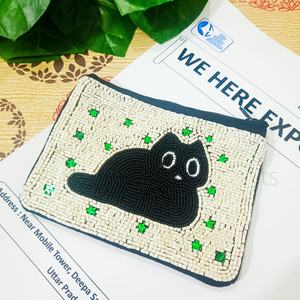 Handmade <b>Stitched</b> Beaded Cat Coin Pouch Storage Bag Single Compartment Black Beads White Eyes Artisan <b>Charm</b> Durable American - Product Image 4